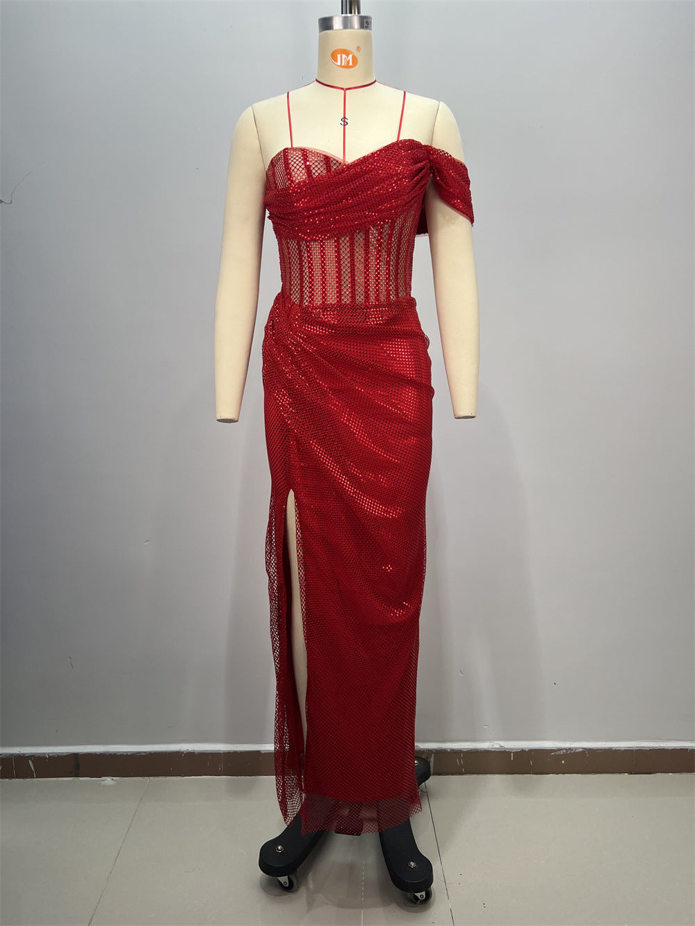 Sexy Strapless One-Shoulder Ruched Slit Long Fitted Bodycon Dress