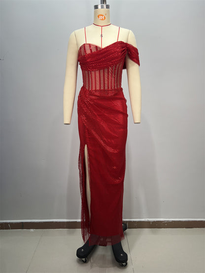 Sexy Strapless One-Shoulder Ruched Slit Long Fitted Bodycon Dress