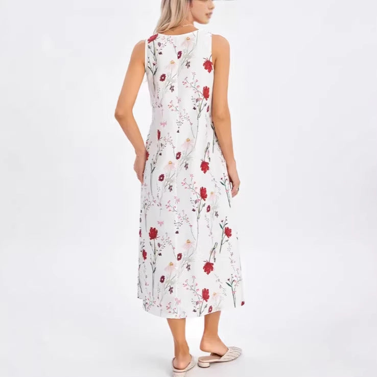 Summer Sleeveless Round Neck Printed Long Casual Vacation Versatile Dress