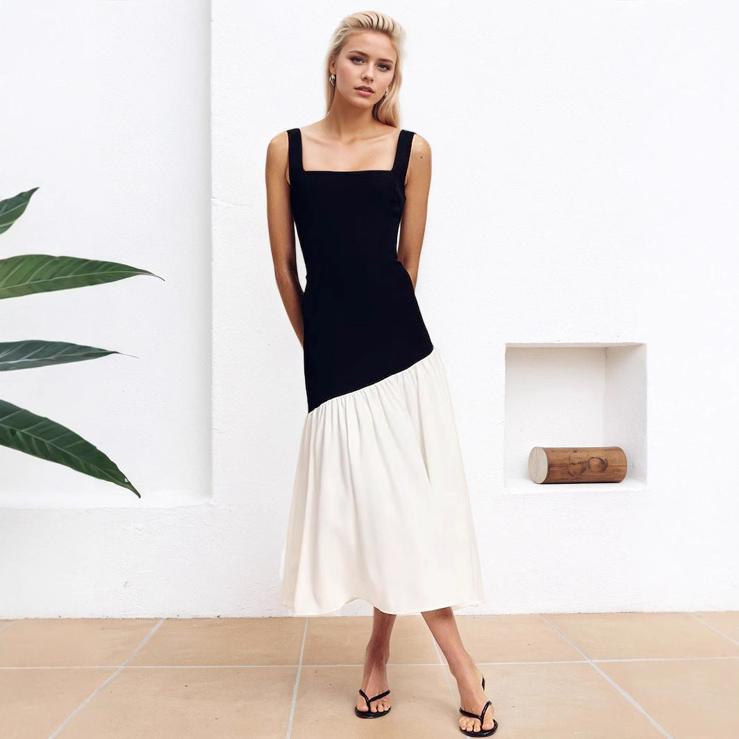 Sleeveless black and white contrasting long skirt