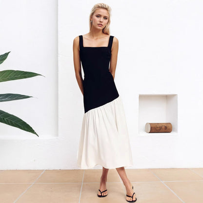 Sleeveless black and white contrasting long skirt
