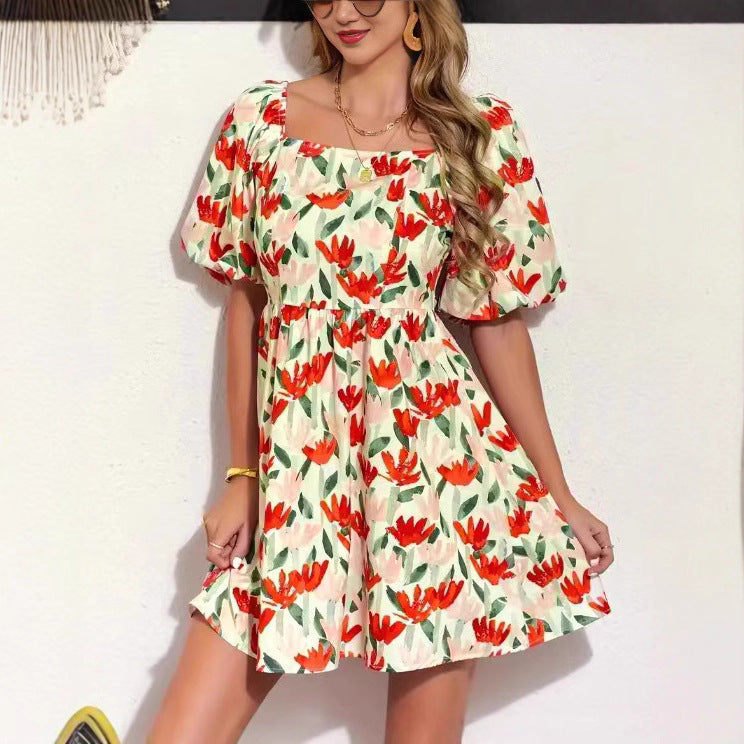 Floral Print Lantern Sleeve Short Sleeve Dress Casual Fashion Dress