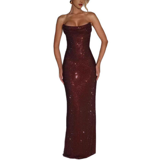 Slim fit sleeveless sequined long evening gown dress