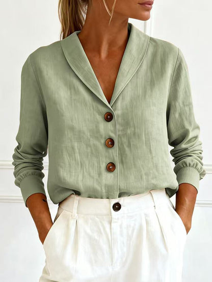 Cotton and linen long sleeved doll collar button down shirt