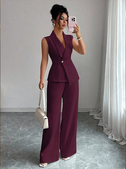 Sleeveless suit straight leg pants two-piece set