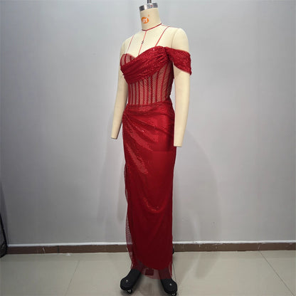 Sexy Strapless One-Shoulder Ruched Slit Long Fitted Bodycon Dress