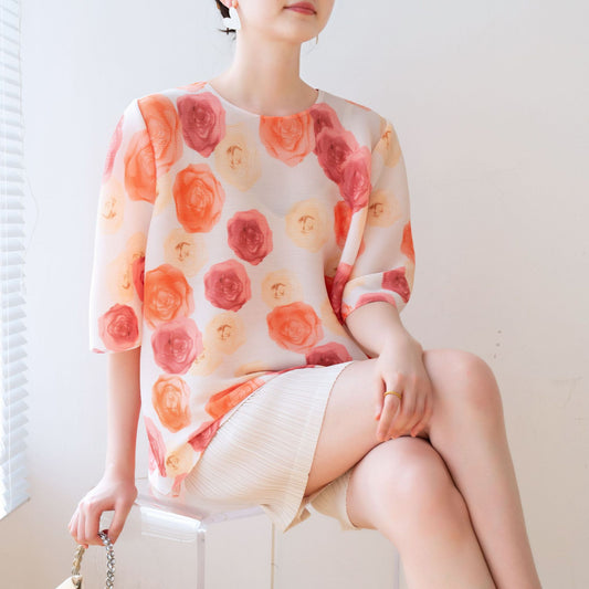Fashionable Printed Loose Fit T-Shirt with Pleated Design Round Neck Oversized Casual Top for Summer