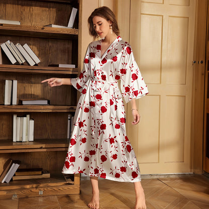 Women's Spring and Summer Casual Comfortable Thin Printed Long Robe Homewear