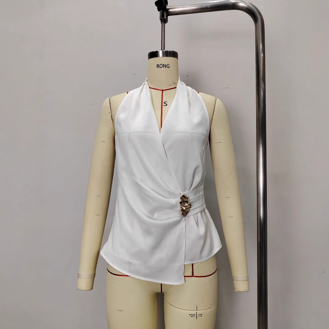 V-neck slim fit lace up sleeveless shirt for women
