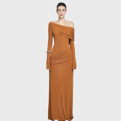 Asymmetrical Shoulder Long Sleeve Fitted Pleated Maxi Dress, Elegant Pleated Dress, Simple Fitted Long Dress