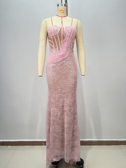 High-quality Fashion Backless One-Shoulder Tube Top Boned Design Beaded Sequined Casual Long Party Dress