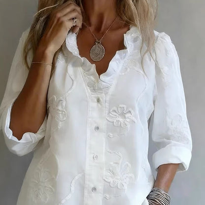 Lace printed cotton linen sweet shirt