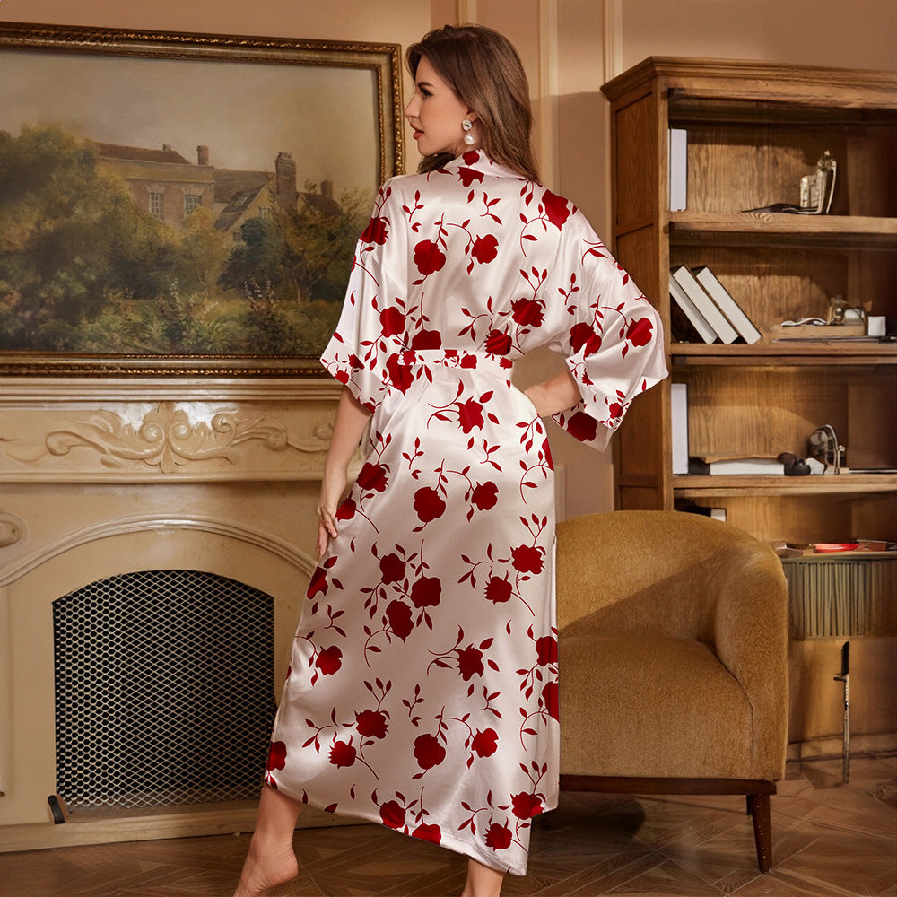 Women's Spring and Summer Casual Comfortable Thin Printed Long Robe Homewear