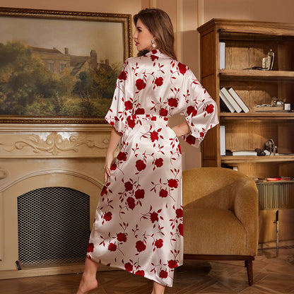 Women's Spring and Summer Casual Comfortable Thin Printed Long Robe Homewear