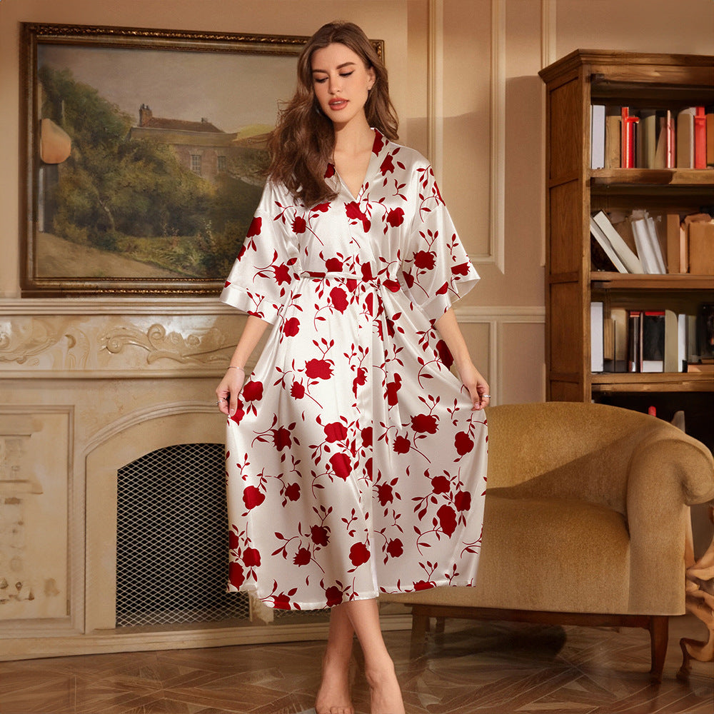 Women's Spring and Summer Casual Comfortable Thin Printed Long Robe Homewear