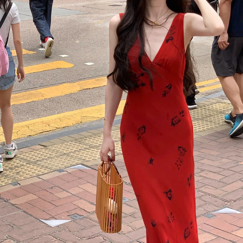 Rose Red V-Neck Strap Dress for Women Summer Slim Waist Bodycon Vacation Long Dress Women's Summer Dress
