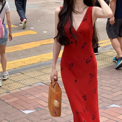 Rose Red V-Neck Strap Dress for Women Summer Slim Waist Bodycon Vacation Long Dress Women's Summer Dress