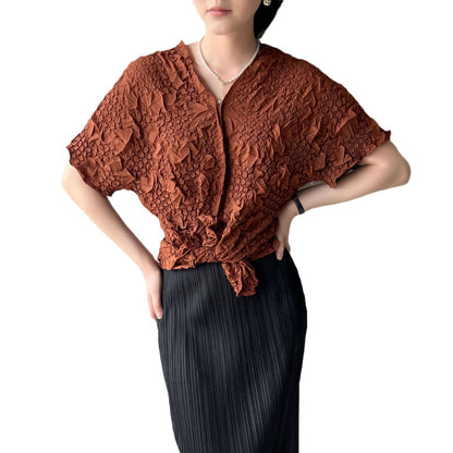 Clothing  Soft Fabric V-Neck Top with Hand Embroidery and Pleated Design Casual Everyday WearShort Sleeve