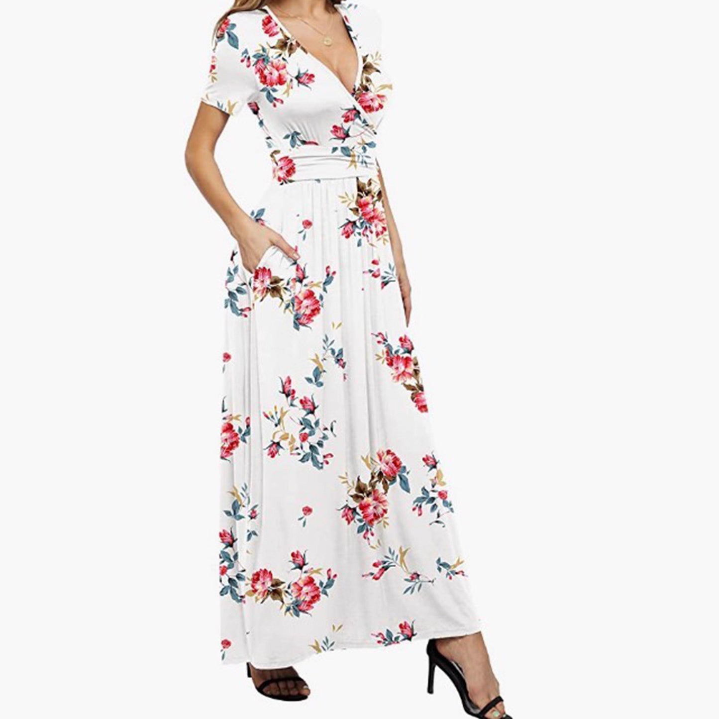 Elegant V-Neck Short Sleeve Wrap Dress with Pockets for Women