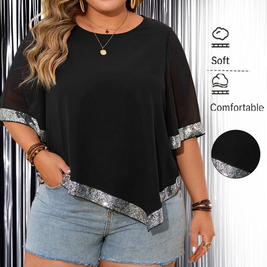Plus Size Spring and Summer Women's Loose Round Neck Irregular Hem Top Black Plus Size Top