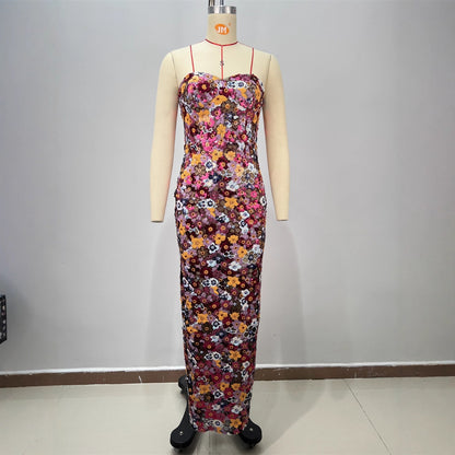 Women's Style Casual Backless Tube Top Slim Fit Floral Decorated Long Bodycon Dress