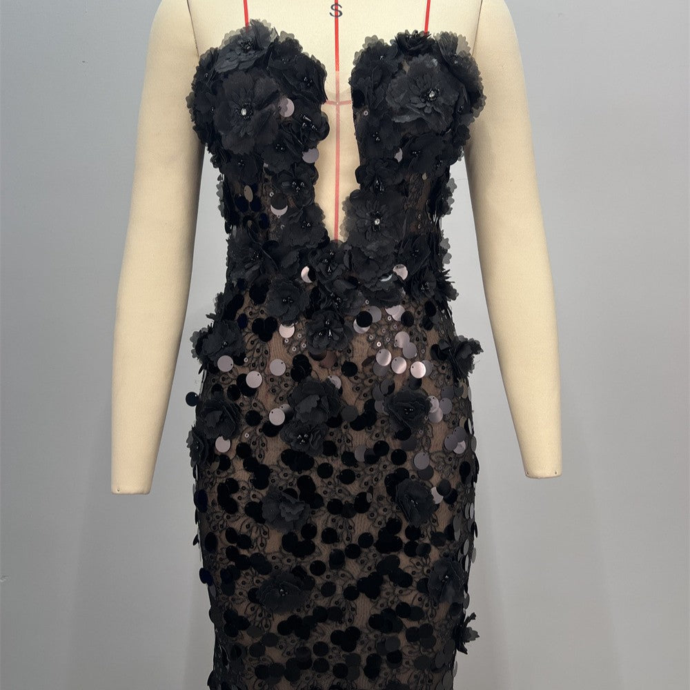 Black Fashion Strapless Floral Embellished Dress Women Summer Elegant Mid-Length Waist-Cinched Formal Gown