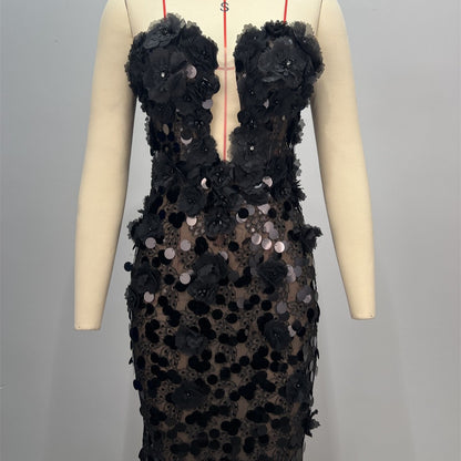 Black Fashion Strapless Floral Embellished Dress Women Summer Elegant Mid-Length Waist-Cinched Formal Gown