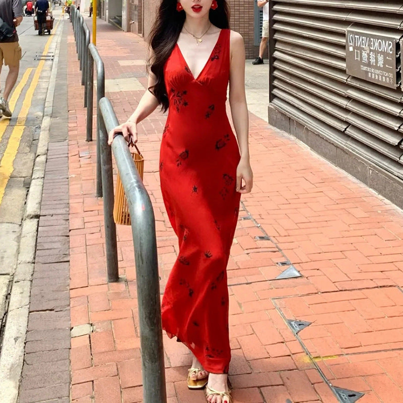 Rose Red V-Neck Strap Dress for Women Summer Slim Waist Bodycon Vacation Long Dress Women's Summer Dress