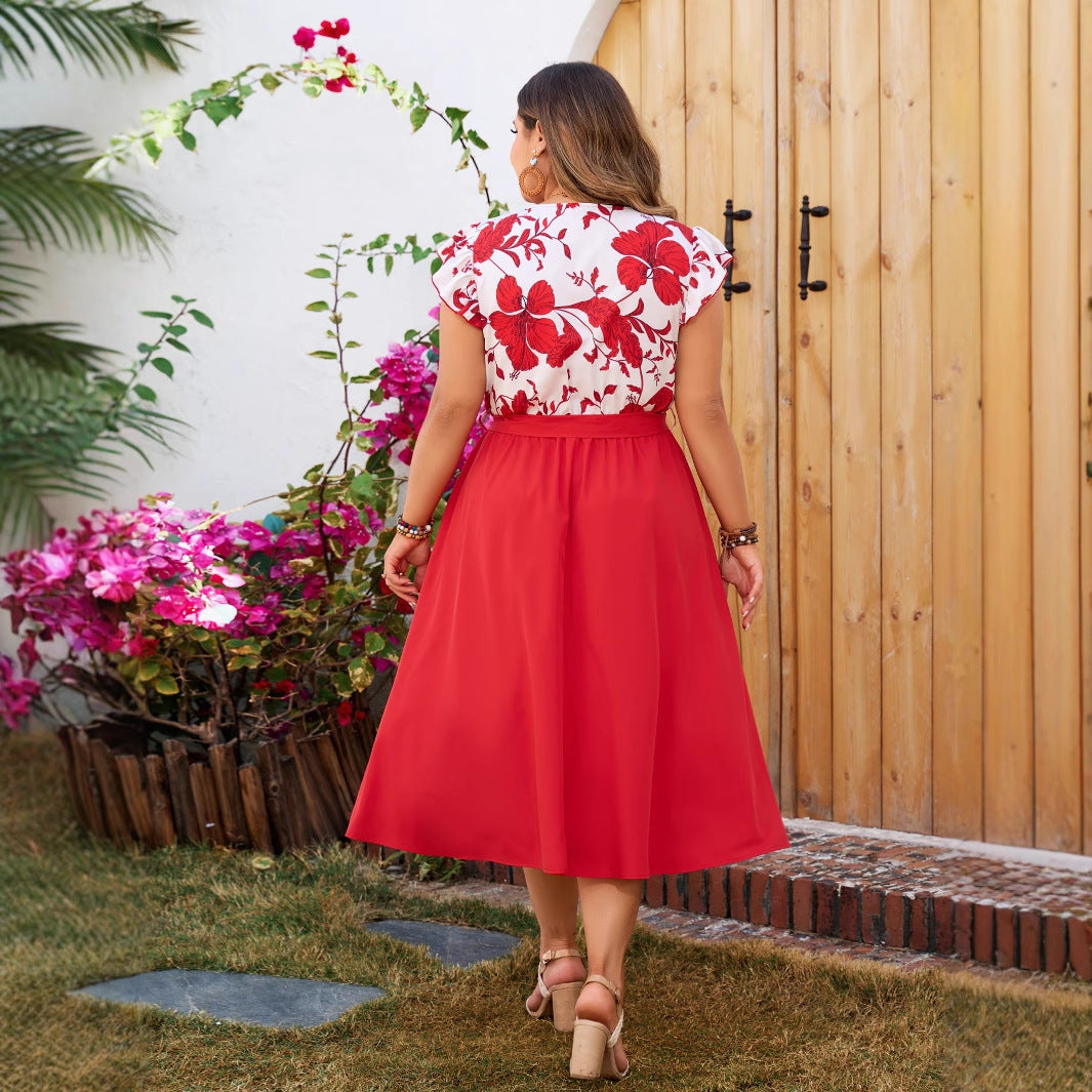 Plus Size Printed Patchwork Red Short Sleeve Dress