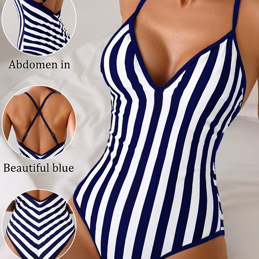 Striped print waist cinching slimming back pleated one-piece swimsuit