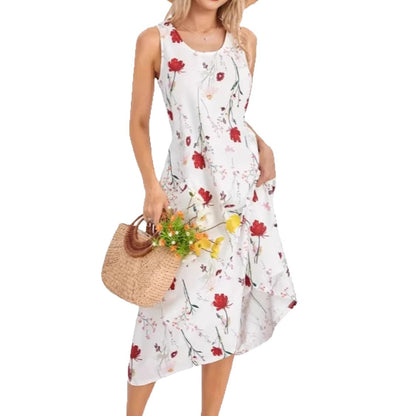 Summer Sleeveless Round Neck Printed Long Casual Vacation Versatile Dress