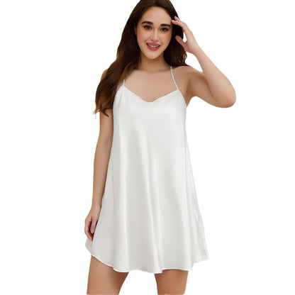 European and American  Solid Color Women's Summer Simple Strap Short Nightgown Homewear