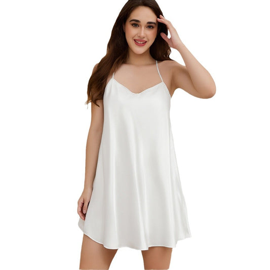 European and American  Solid Color Women's Summer Simple Strap Short Nightgown Homewear