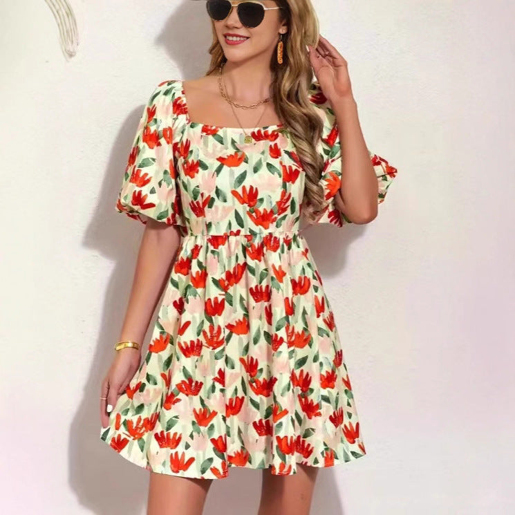 Floral Print Lantern Sleeve Short Sleeve Dress Casual Fashion Dress