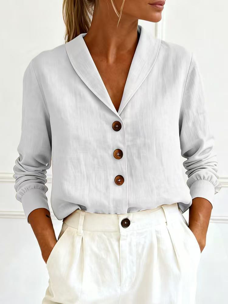 Cotton and linen long sleeved doll collar button down shirt