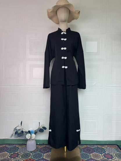 Vintage Comfortable Long Sleeve Loose Set, Simple Long Pants Casual Spring Outfit