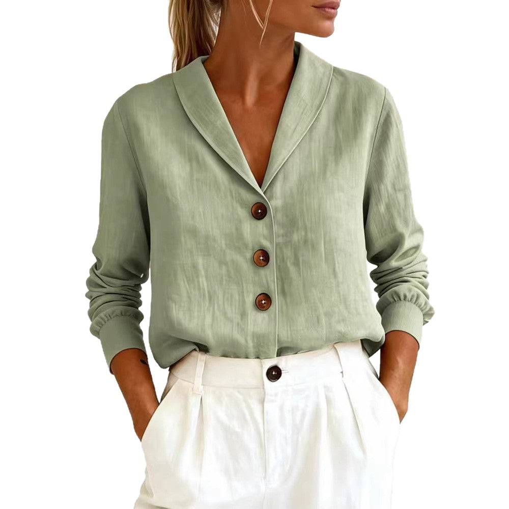 Cotton and linen long sleeved doll collar button down shirt