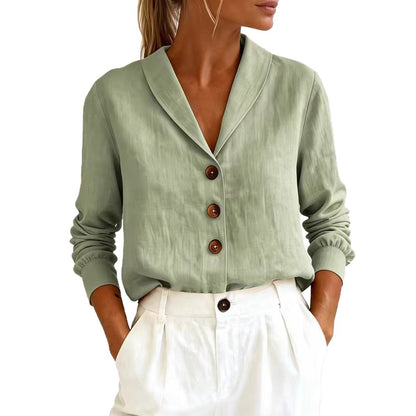 Cotton and linen long sleeved doll collar button down shirt
