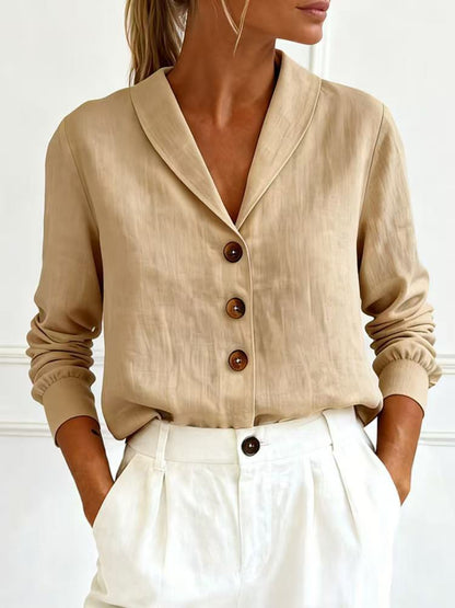 Cotton and linen long sleeved doll collar button down shirt