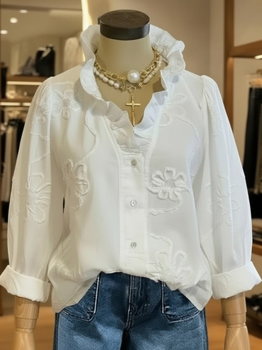 Lace printed cotton linen sweet shirt