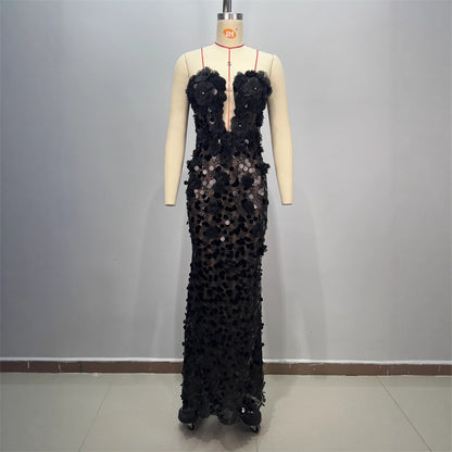 Black Fashion Strapless Floral Embellished Dress Women Summer Elegant Mid-Length Waist-Cinched Formal Gown