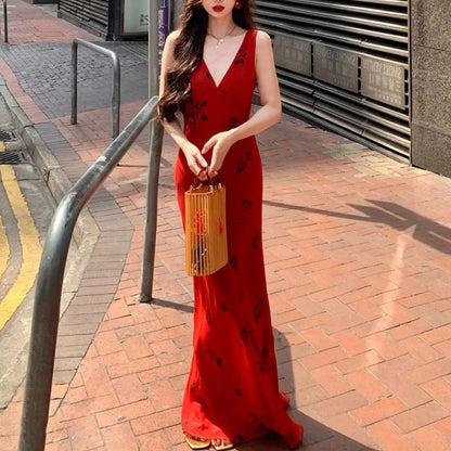 Rose Red V-Neck Strap Dress for Women Summer Slim Waist Bodycon Vacation Long Dress Women's Summer Dress