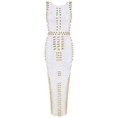 White Sleeveless Metal Ring Adorn Women's Bodycon New Fashion Midi Calf Bandage Dress