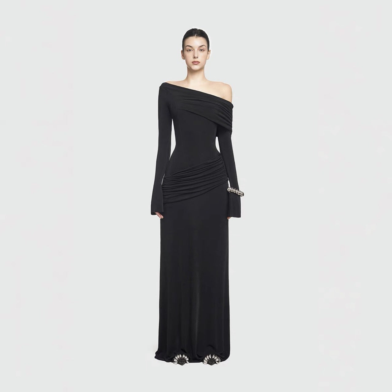 Asymmetrical Shoulder Long Sleeve Fitted Pleated Maxi Dress, Elegant Pleated Dress, Simple Fitted Long Dress