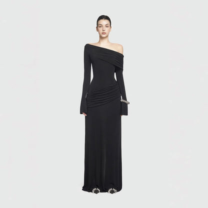 Asymmetrical Shoulder Long Sleeve Fitted Pleated Maxi Dress, Elegant Pleated Dress, Simple Fitted Long Dress