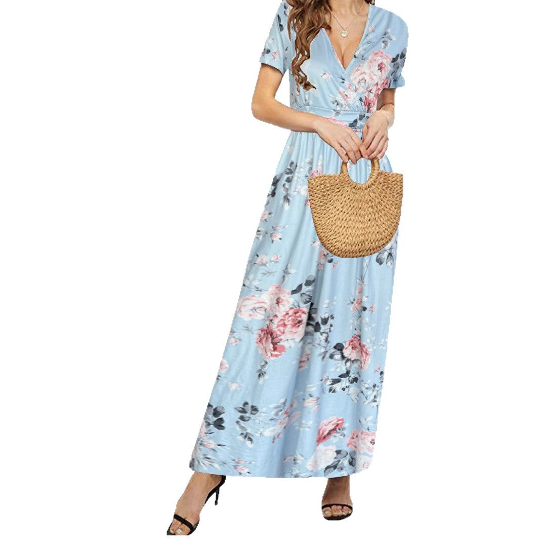 Elegant V-Neck Short Sleeve Wrap Dress with Pockets for Women