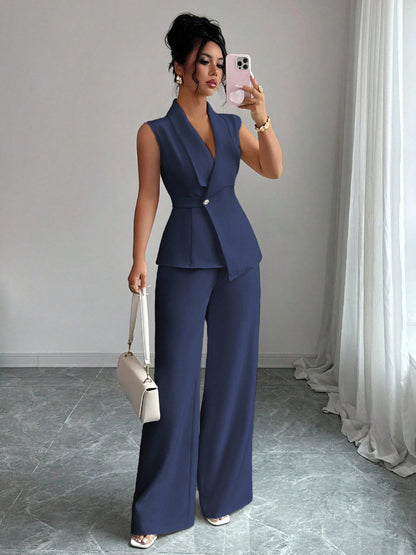 Sleeveless suit straight leg pants two-piece set