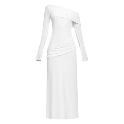 Asymmetrical Shoulder Long Sleeve Fitted Pleated Maxi Dress, Elegant Pleated Dress, Simple Fitted Long Dress