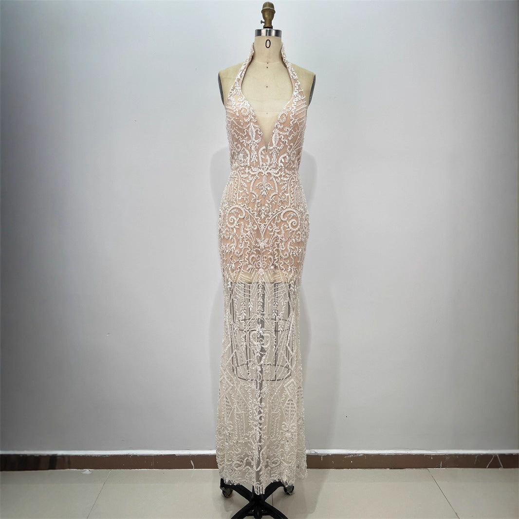 Fashion Sequin Women's Halter Sexy Sleeveless Sequin Fitted Long Bodycon Party Dress