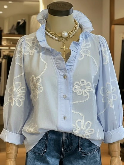 Lace printed cotton linen sweet shirt
